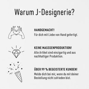 May include: Black and white illustration of a heart, diamond, and party popper. Text reads: "Warum J-Designerie?" "HANDGEMACHT!" "F&uuml;r dich mit Liebe von Hand gefertigt." "KEINE MASSSENPRODUKTION!" "Alle Artikel sind einzigartig und aus nachhaltiger Produktion." "&Uuml;BER 99% BEGEISTERTE KUNDEN!" "Melde dich bei mir, wenn du mit deiner Bestellung nicht zufrieden bist."