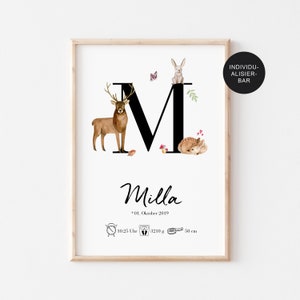 Geburtsposter "Waldtiere personalisiert – Geburtstafel mit Geburtsdaten – Geschenk zur Geburt für Mädchen und Jungen – Geburtsbild