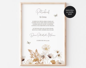 Godfather letter baptism godchild "wild flowers" personalized download - baptism gift girl or confirmation - godfather certificate - baptism letter with baptism