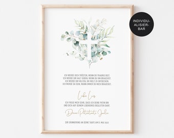 Lettre de parrainage baptême "Eucalyptus" personnalisée pour le filleul - cadeau de baptême fille ou garçon - attestation de parrain du parrain/marraine