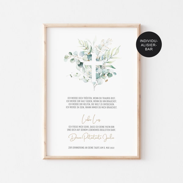 Godparent letter baptism "Eucalyptus" personalized for the godchild - baptism gift girl or boy - godfather certificate from godfather / godmother