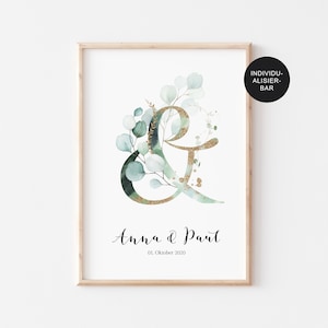 Poster: Wedding date personalized wedding gift to the bride and groom, eucalyptus, gold, individual, wedding couple, typography