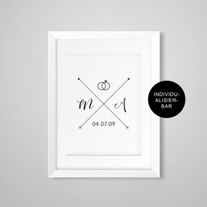Poster personalized gift wedding with initials, monogram, wedding gift newlyweds, black and white, wedding rings, memory image 2