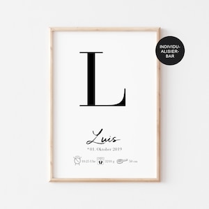 Geschenk Geburt Poster "Buchstabe" personalisiert mit Geburtsdaten / Babyzimmer Deko in A4 oder A3 / Junge oder Mädchen