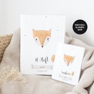 U-Heft Hülle mit Impfpass "Fuchs" personalisiert – Untersuchungsheft Baby Mädchen oder Junge – Schutzhülle 3 Fächer – Geschenk Geburt