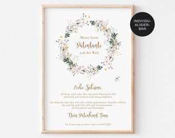 Könnte beinhalten: Eine druckbare Karte mit einem Blumenkranz und dem Text "Meine beste Patentante auf der Welt" in goldener Schrift. Die Karte enthält auch den Text "Liebe Sabrina. Ich freue mich sehr, dass du meine Patentante bist und mich auf meinem Lebensweg begleitest. Ich wünsche mir, dass wir viele schöne gemeinsame Stunden erleben, du und ich, jeder für sich und wir gemeinsam - als Patenkind und Patentante. Dein Patenkind Finn Zur Erinnerung an meine Taufe am 03.07.2021."