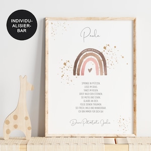 May include: A watercolor rainbow with a pink heart in the center, surrounded by gold glitter. The text "Paula" is at the top of the image, and the text "Deine Patentante Joalie" is at the bottom. The text "Geboren Heute am 15.03.2022" is below the name.