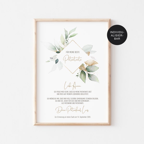 Godparent letter for godfather / godmother "Eucalyptus" personalized to godparents - baptism gift Godparent certificate to godparents / godmothers - baptism letter