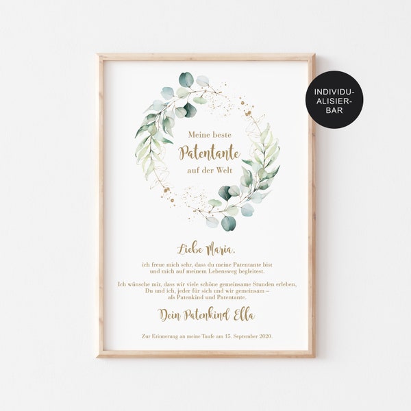 Godparent letter baptism "Eucalyptus" personalized to godmother godfather and godparents - baptism gift - godparent certificate and baptism letter to godfather