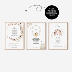 May include: Three printable nursery art prints with watercolor illustrations and inspirational text. The first print features a floral wreath with the text "Cel Mare" and a quote in German. The second print features a lion in a wreath with the text "Luis" and a quote in German. The third print features a rainbow with the text "Paula" and a quote in German.