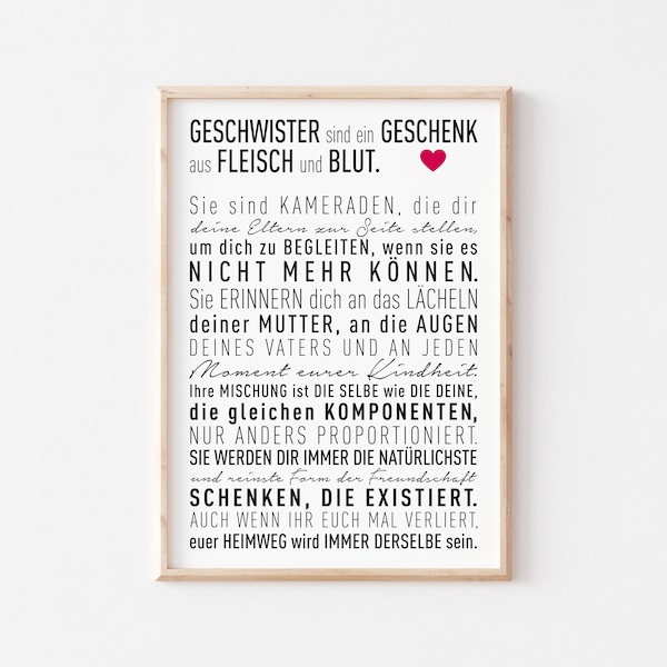 Poster Geschenk Schwester oder Bruder – Geschwisterliebe – Schwesternliebe – Liebeserklärung – Geburtstagsgeschenk