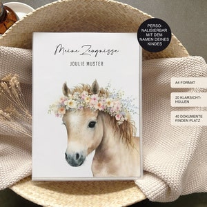 Mappe Zeugnis "Pferd" personalisiert mit Namen für Mädchen als Geschenk zur Einschulung Grundschule / Sammelmappe und Dokumentenmappe / A4
