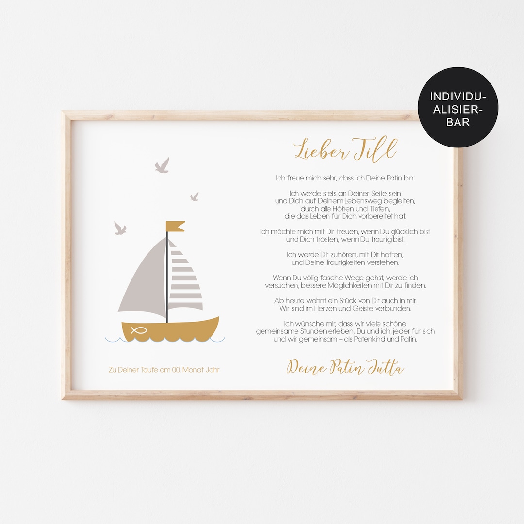 Patenbrief Taufe "Schiff" für das Patenkind personalisiert als Geschenk