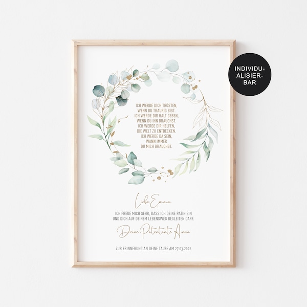 Godparent letter baptism "Eucalyptus wreath" personalized for godchild - gift for the baptism of a girl or boy - godparent certificate with baptism motto