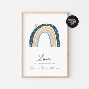 Poster Geburt "Regenbogen" personalisiertes Geschenk für Jungen/Baby/Neugeborenes mit den Geburtsdaten – Deko Kinderzimmer für die Wand