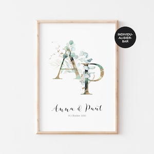 Wedding gift poster with names and wedding date personalized to the bride and groom, eucalyptus, gold, individual, wedding couple