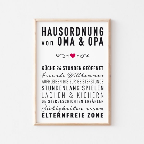 Poster Hausordnung für Oma und Opa, A4 oder A3, Hausregeln, Geschenk, Zusammenleben Familie, Großeltern, Schwarz Weiß, Wandkunst, Kunstdruck