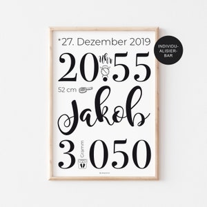 Geburtsposter "Typo" als Geschenk zur Geburt mit personalisierten Geburtsdaten vom Baby – Geburtsbild als Wanddeko für das Kinderzimmer