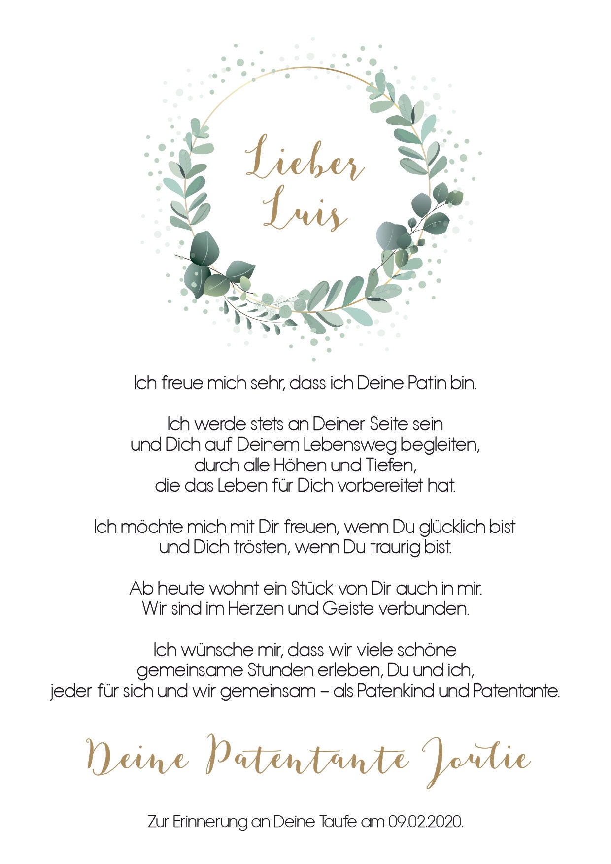 Patenbrief zur Taufe Eukalyptus für das Patenkind Etsy.de