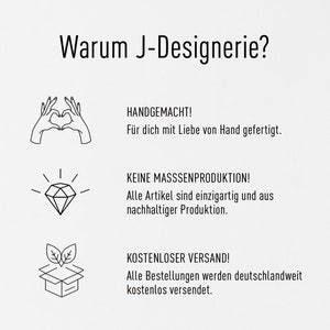May include: Black and white illustration of three reasons to buy from J-Designerie: handmade, no mass production, and free shipping. The illustration features a heart made with hands, a diamond, and a box with leaves.