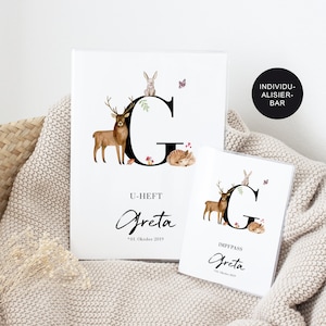 Uheft Hülle mit Impfpass "Waldtiere" personalisiert mit Namen für Junge oder Mädchen im Set – Untersuchungsheft – Babygeschenk Geburt