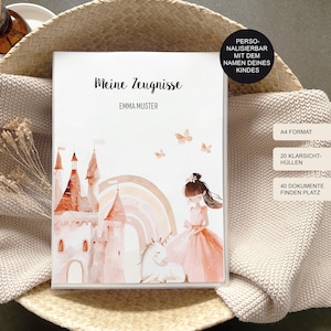 Mappe Zeugnis "Prinzessin II" personalisiert mit Namen für Mädchen / Geschenk Einschulung Grundschule / Sammelmappe und Dokumentenmappe / A4