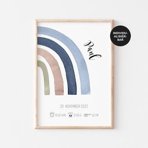 Poster Kinderzimmer Geschenk Geburt personalisiert "Regenbogen" mit Geburtsdaten vom Baby als Babyzimmer Deko für Jungen und Mädchen