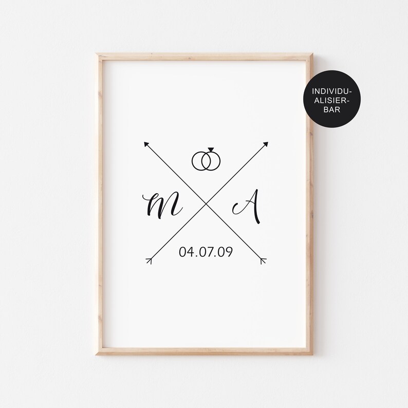Poster personalized gift wedding with initials, monogram, wedding gift newlyweds, black and white, wedding rings, memory image 1