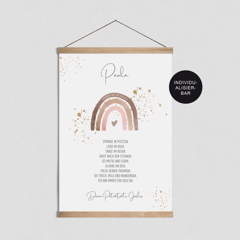 May include: A watercolor rainbow with a heart in the center, surrounded by gold glitter. The text "Paula" is at the top of the image. Below the rainbow is a poem in German that reads: "Springe in Pf&uuml;tzen. Liege im Gras. Tanze im Regen. Greif nach den Sternen. Sei mutig und stark. Glaube an dich. Folge deinen Tr&auml;umen. Sei frech, wild und wunderbar. Ich bin immer f&uuml;r dich da." The text "Deine Patentante Jolie" is at the bottom of the image.