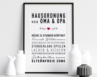 Poster HAUSORDNUNG für Oma und Opa, Hausregeln, Zusammenleben Familie, Großeltern, Schwarz Weiß, Wandkunst, Druck, Typographie, Kunstdruck