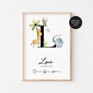 Geburtstafel Poster mit personalisierten Geburtsdaten "Safari Tiere" – Geburtsposter – Geschenk zur Geburt – Geburtsbild