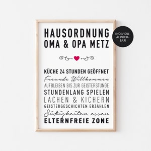 Poster Hausordnung personalisiert für Oma und Opa, Hausregeln, A4 oder A3, Zusammenleben Familie, Großeltern, Schwarz Weiß, Druck