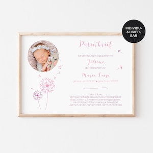 Patenbrief "Pusteblume" personalisiert mit Foto vom Patenkind – Geschenk zur Taufe an Pateneltern Patentante Patenonkel – Patenurkunde PDF