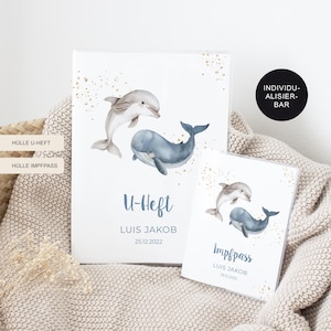U-Heft Hülle/Impfpass personalisiert "Wal Delfin" – Geschenk Geburt Baby Junge und Neugeborenes – Geschenkidee Schutzhülle Untersuchungsheft