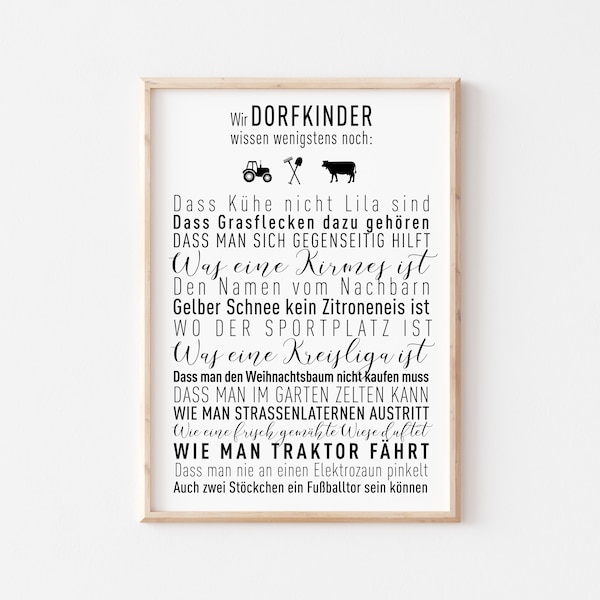 Poster "Dorfkinder" Schwarz Weiß – Spruch Lustig Leben auf dem Dorf – Geschenk Einzug – Bauernhof – Dorfleben – Kindheitserinnerungen