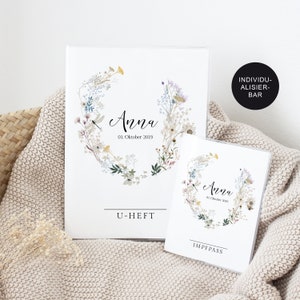 UHeft Hülle Mädchen mit Impfpass "Wiesenblumen" personalisiert – Untersuchungsheft Baby und Impfpasshülle Kind  – Babygeschenk Geburt