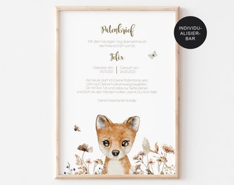 Godparent letter "Fox" personalized as a baptism gift to the godchild - godparent certificate and baptism gift for boys - digital baptism letter