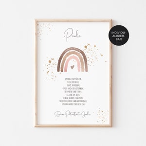 May include: A watercolor rainbow with a pink heart in the center, surrounded by gold glitter. The text "Paula" is at the top of the image, and the text "Spring in puddles, lie in grass, dance in the rain, grab for the stars, be brave and strong, believe in yourself, follow your dreams, be bold, wild and wonderful, I am always there for you!" is below the rainbow. The text "Your Godmother Julie" is at the bottom of the image.
