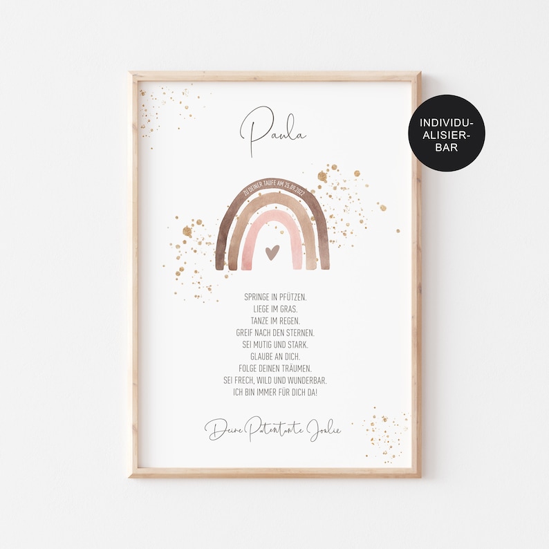 May include: A watercolor rainbow with a pink heart in the center, surrounded by gold glitter. The text "Paula" is at the top of the image, and the text "Spring in puddles, lie in grass, dance in the rain, grab for the stars, be brave and strong, believe in yourself, follow your dreams, be bold, wild and wonderful, I am always there for you!" is below the rainbow. The text "Your Godmother Julie" is at the bottom of the image.