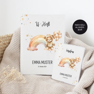 U-Heft Hülle und Impfpass personalisiert "Bär Regenbogen" – Geschenk Geburt Baby Mädchen/Junge – Schutzhülle Untersuchungsheft