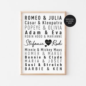 Poster TRAUMPAARE personalisiert als Geschenk zur Hochzeit, Liebespaaren als Wandkunst, Berühmte Paare, Hochzeitspaar, Hochzeitstag