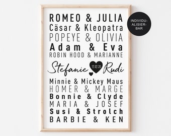 Poster TRAUMPAARE personalisiert als Geschenk zur Hochzeit, Liebespaaren als Wandkunst, Berühmte Paare, Hochzeitspaar, Hochzeitstag