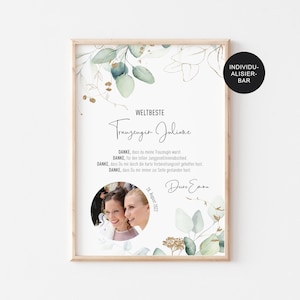 Trauzeugin Geschenk personalisiert &quot;Poster Eukalyptus&quot; mit Bild/Foto als Dankeschön und Erinnerung an die Hochzeit
