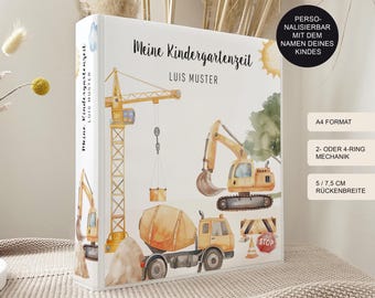 Kindergarten Ordner "Baustelle" personalisiert mit Namen als Geschenk / Sammelmappe und Ringordner für Krippe Schule oder Kita / A4 oder A5