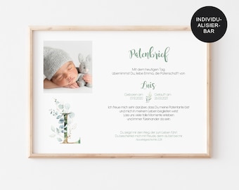 Godparent letter baptism "Eucalyptus" personalized baptism gift godchild - godparent certificate boy or girl - baptism letter