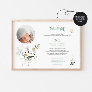 Godparent letter baptism "Eucalyptus" with photo - baptism gift for godchild girl or boy personalized - godparent certificate and baptism letter PDF