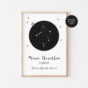 Poster "Sternzeichen" mit personalisierten Geburtsdaten als Geschenk zur Geburt – Geburtsbild als Kinderzimmer Deko und Erinnerung