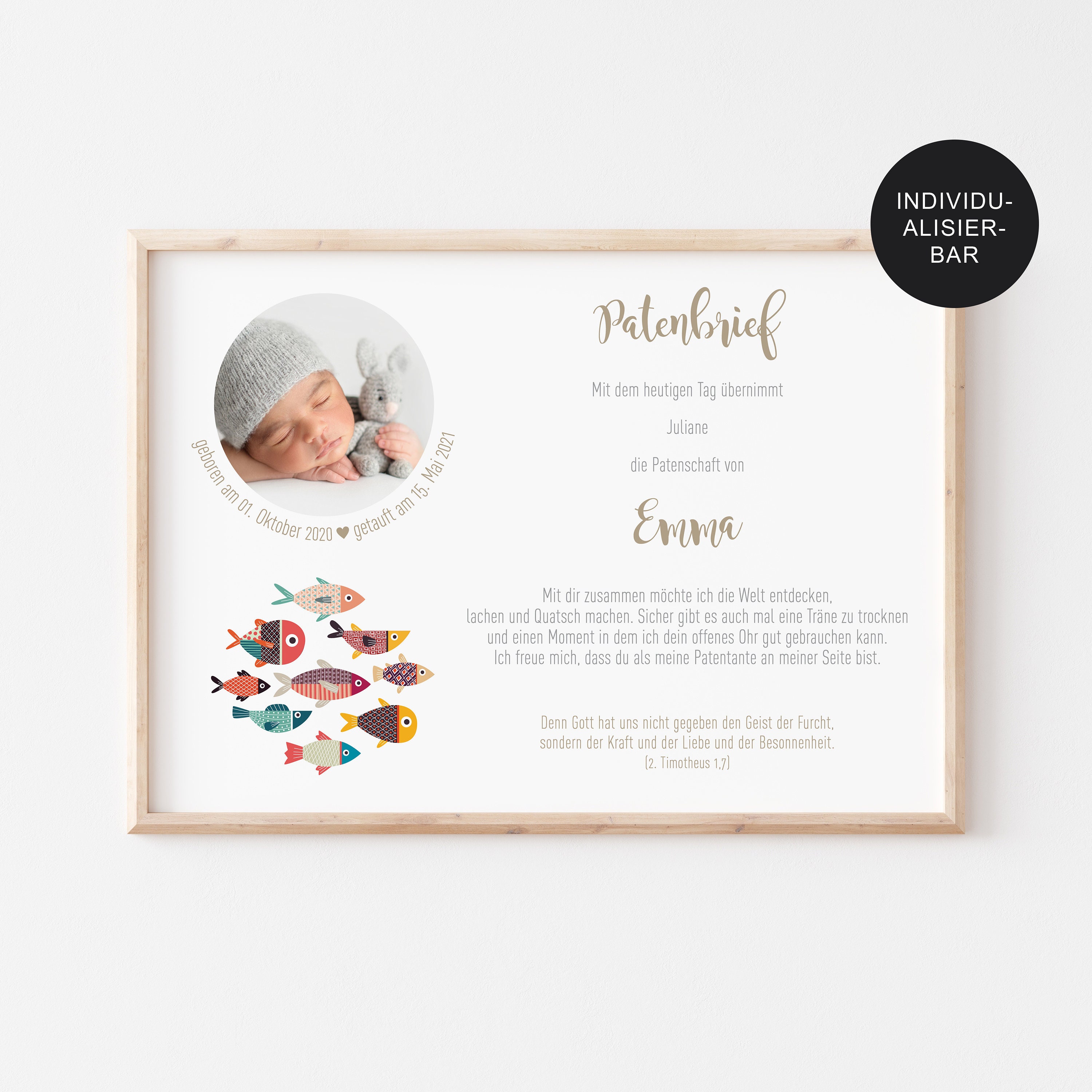 Godparent letter "Fish" personalized as a baptism gift for the godmother or godfather // Godparent certificate and sponsorship certificate