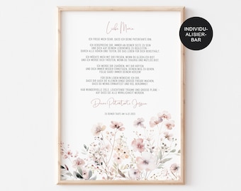 May include: A printable card with a floral design and a handwritten message in German. The text reads "Liebe Maria" and includes a message about being a godparent. The card is framed in a white frame.