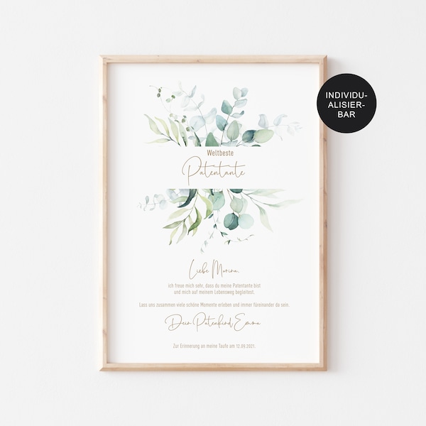 Godparent letter eucalyptus personalized for the best godparents, baptism, gift, godchild, godfather certificate, godmother, godfather, gold, baptismal letter